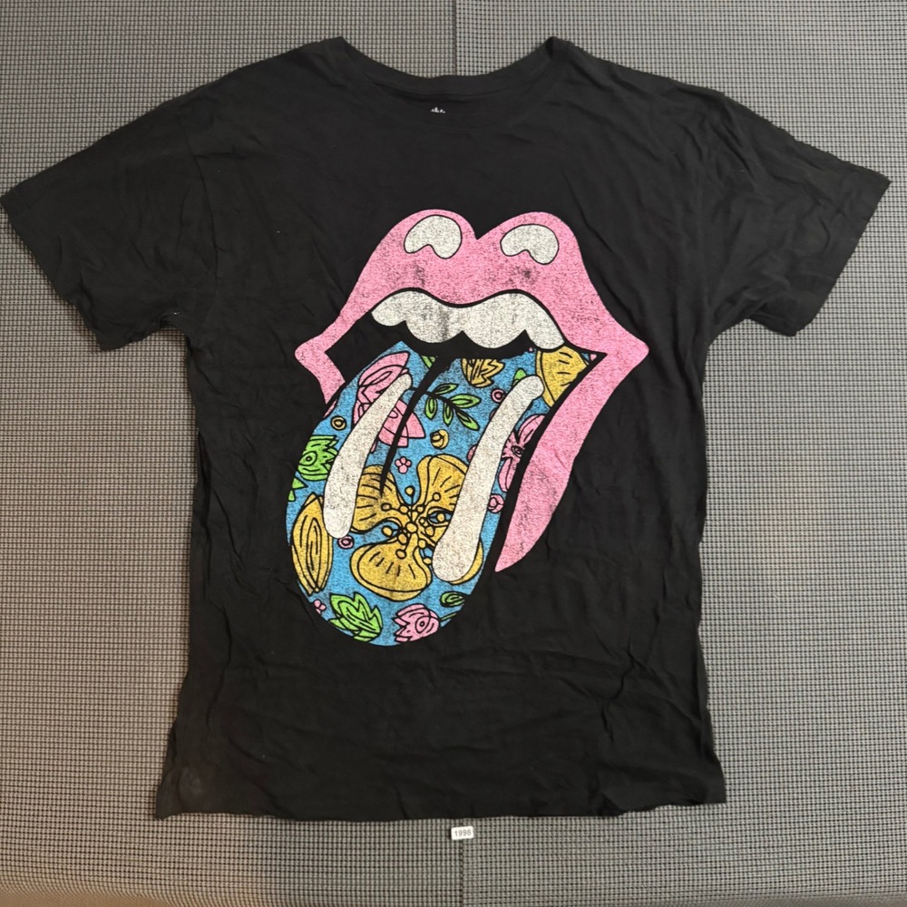 The Rolling Stones Floral Tongue Logo Graphic T-Shirt Black S/M 100% Cotton